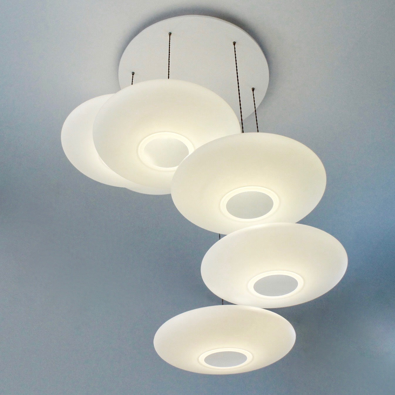 6-Drop Suspension lighting, One Foot Taller, Ethel Inverse, white calm diffuse light, stairwell lighting