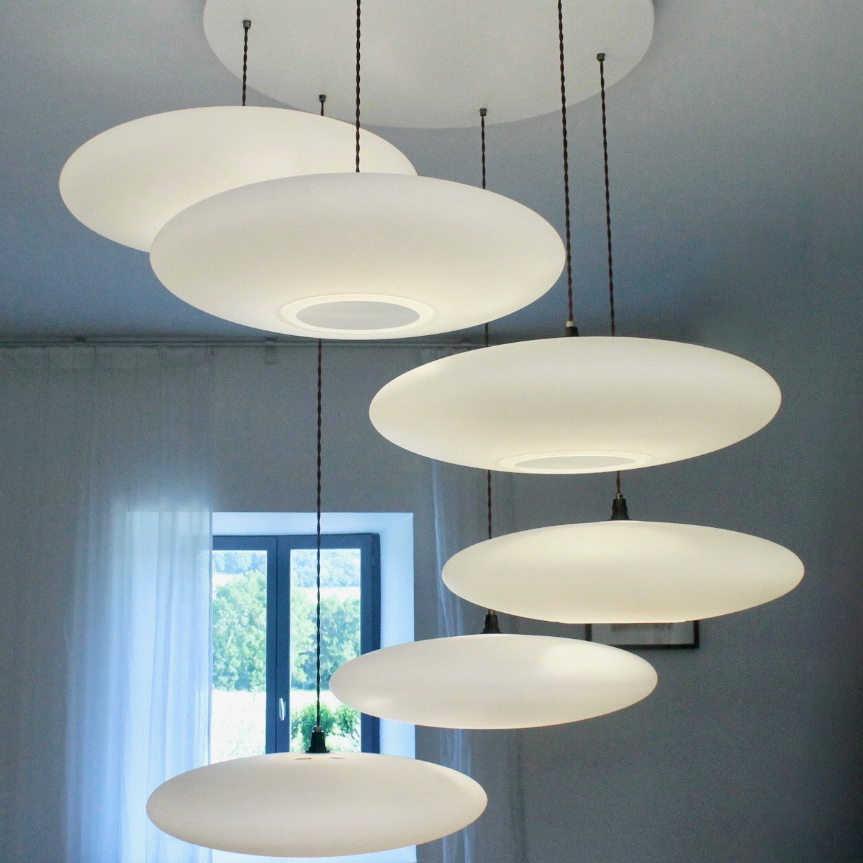 6-Drop Suspension lighting, One Foot Taller, Ethel Inverse, white calm diffuse light, stairwell lighting, pendant lights