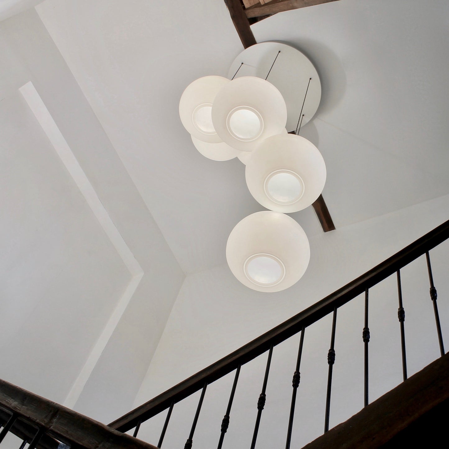 Polly Inverse 6-Drop, Stairwell lighting from One Foot Taller, hotel lobby lighting, multiple drop, ceiling lighting