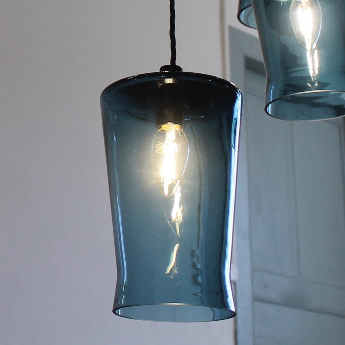 Waisted Flat Top Pendant in Teal Blue, Elegant glass lighting, Contemporary lighting by One Foot Taller, Quality glass pendant