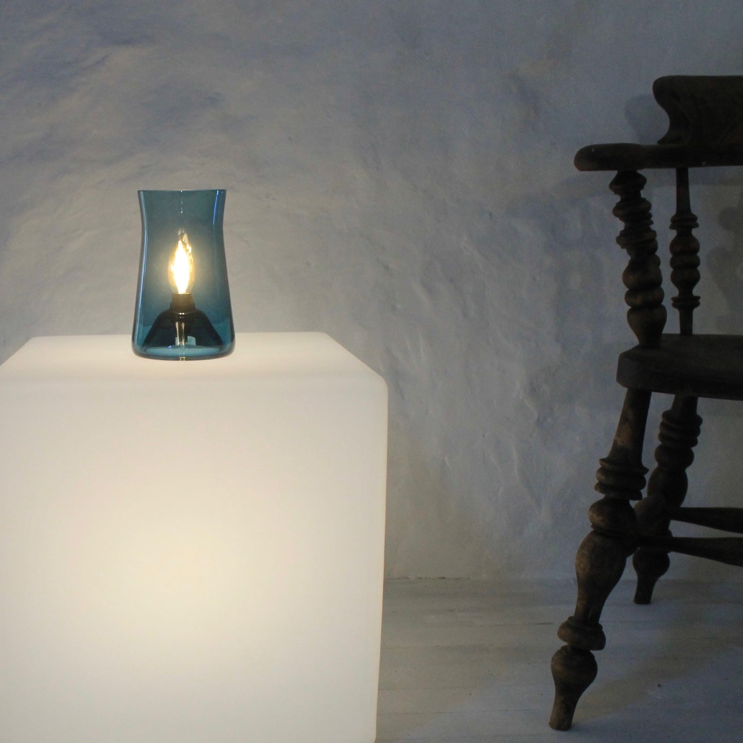 Waisted Table Lamp. Simple elegant table lighting. Teal Blue glass lamp. Hand made in UK
